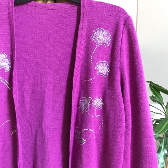 Vintage Hand Painted Pink Knit Sweater Cardigan Long Sleeve Ginkgo Leaves Unique - Picture 2 of 4